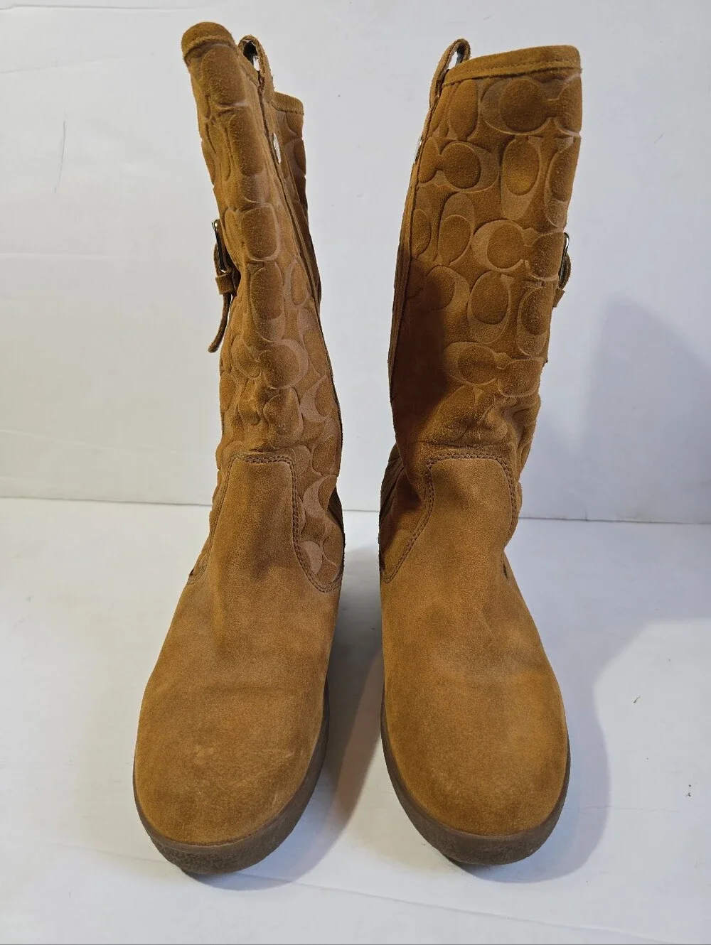 Coach Tullip Tan Suede Signature Mid-Calf Boots with Buckle Detail Size 7